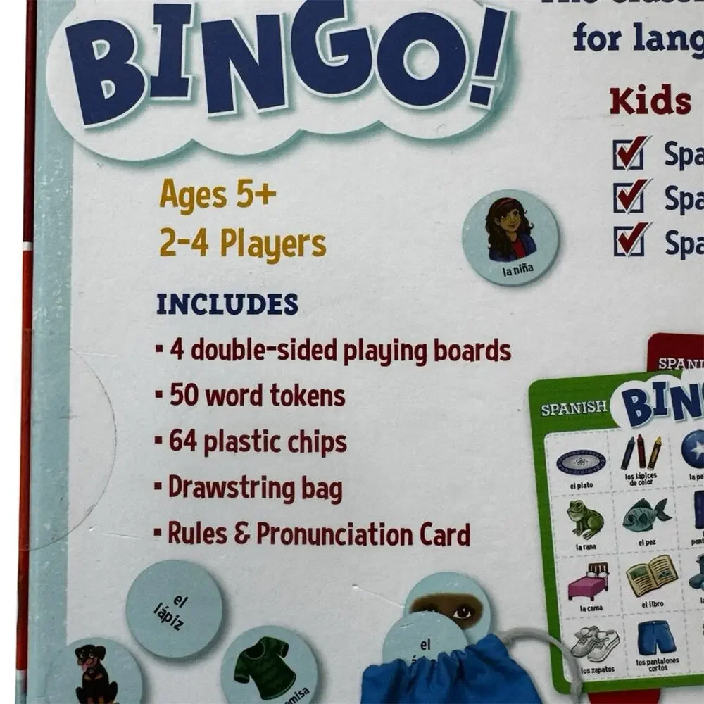 New Spanish Bingo Game By Peaceable Kingdom Language Skills Ages 5+ 2-4 Players